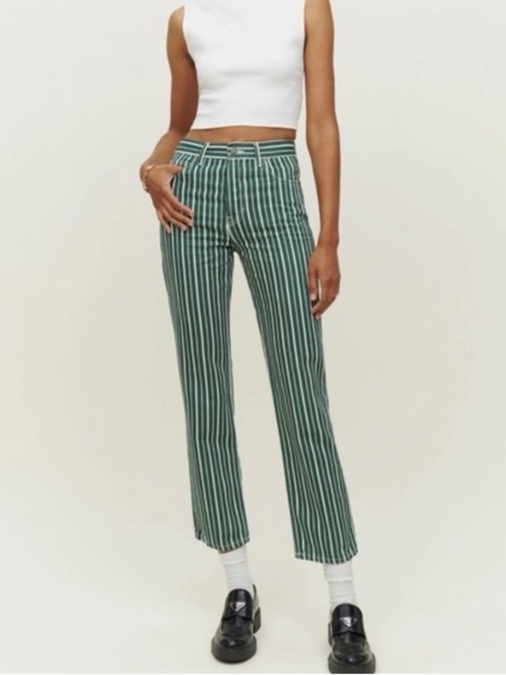 Reformation Cynthia High Rise Green and White Striped Jeans